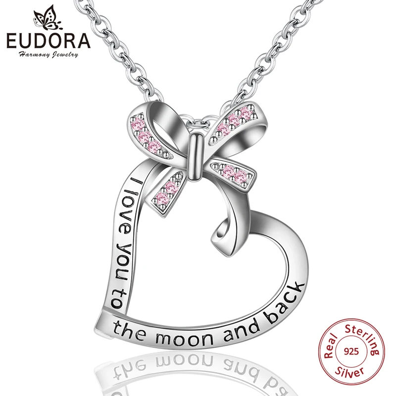 

Юдора уникальный 925 пробы серебро Розовый CZ бантом надписи сердце кулон ожерелья Для женщин, хорошее ювелирное изделие, для милых девочек По...