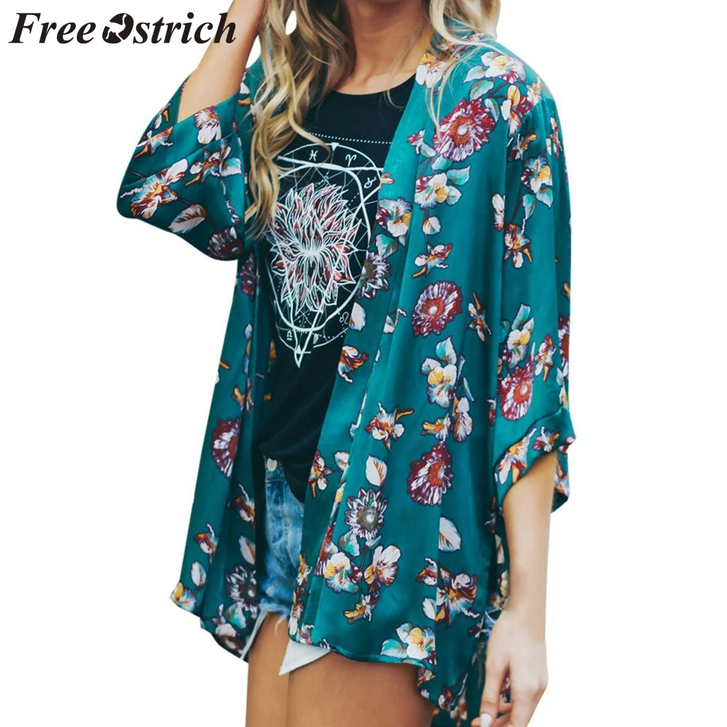 FREE OSTRICH Women Coat Floral Print Beach Blouse Batwing Half Sleeve Navy Summer Fashion Long 2019 New Arrivals | Женская одежда