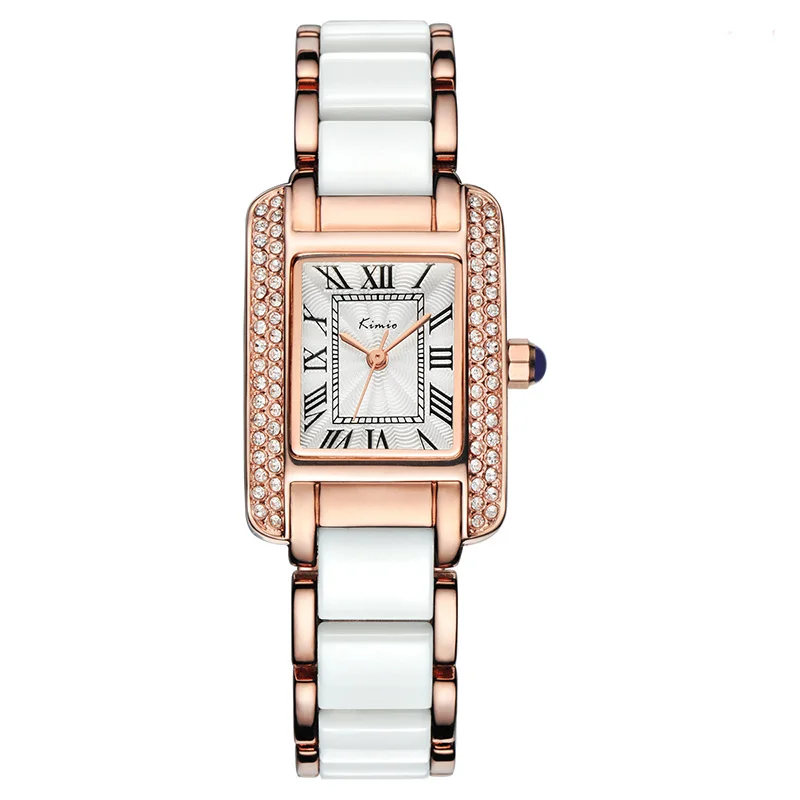 rose gold watch Kimio женские кварцевые часы, модные синие квадратные часы с бриллиантовым браслетом, Брендовые Часы с имитацией керамики, студенческие водонепроницаемые наручные часы - Цвет: rose gold watch