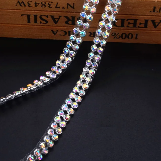 AB color with silver 2 ряда 1 м/лот стразы отделка исправление Кристалл Стразы Свадебная Аппликация Свадебное платье украшения аксессуары - Цвет: AB color with silver