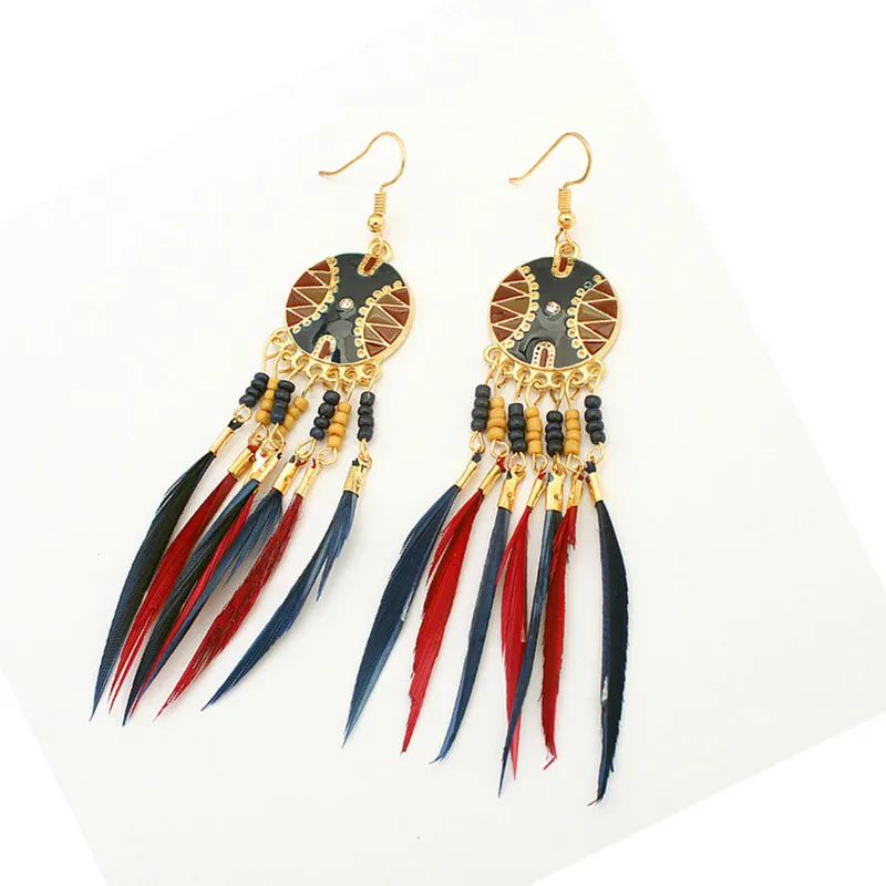 New Vintage Indian Ethnic Style Jewelry Bohemia Boho Earrings Colorful Enamel Beads Long Feather Tassel Drop Brincos | Украшения и