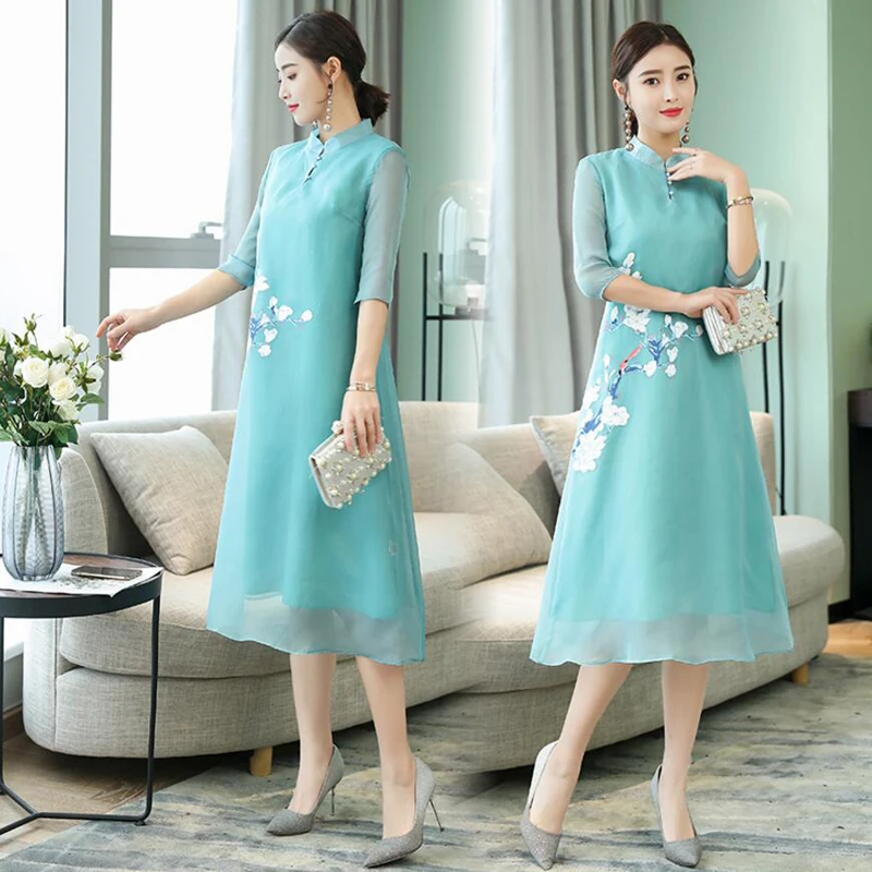 Винтажное платье в китайском стиле Cheongsam Vestidos с воротником-стойкой и пуговицами
