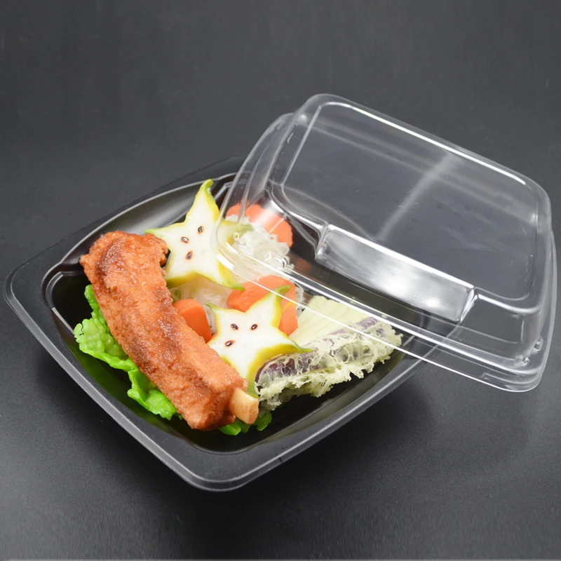 

50pcs Microwaveable Food Black transparent lid fruit salad disposable Container