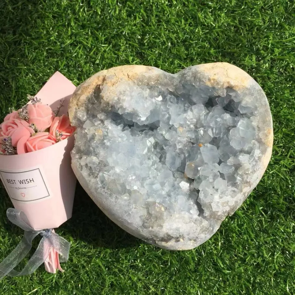 

about 4.4lbs Chunky Natural Celestite Crystal Geode Heart Cluster from Madagascar Light Blue Crystal Druzy Heart home decoration