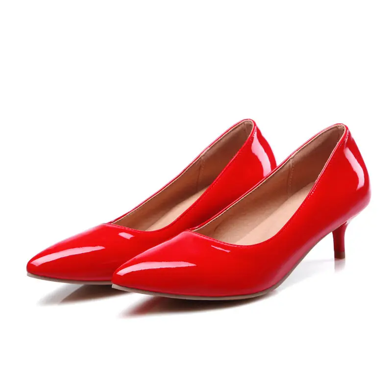2017 Женская Мода Насосы Спайк Среднего Каблуки Med Указал Toe PU Лакированная Кожа