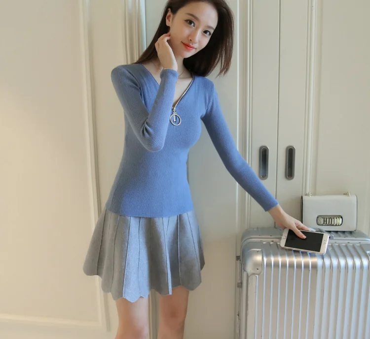 Autumn Women Sweaters Casual Slim Long Sleeve Jumpers Sexy Ladies Knitted Deep V-neck Zip-up Pullovers 2018 High Elasticity Tops | Женская