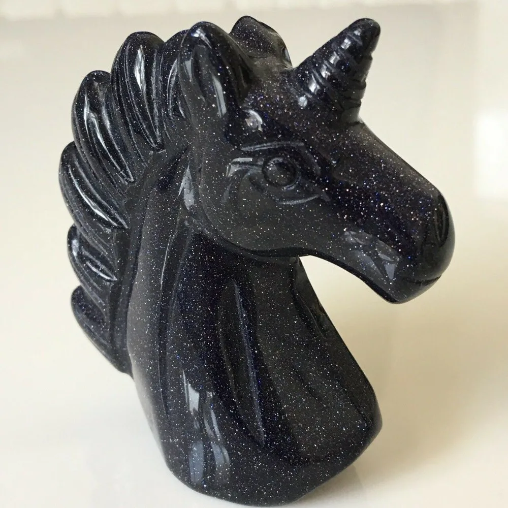 50 мм натуральный кристалл синий золотой камень Единорог резьба голова лошади