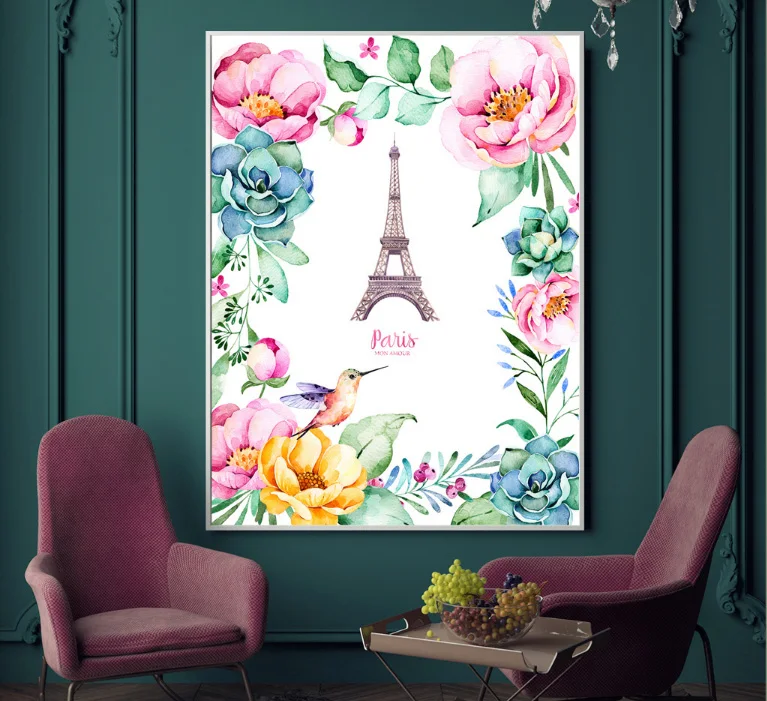 Акварельные растения цветы и Эйфелева башня холст картины настенные