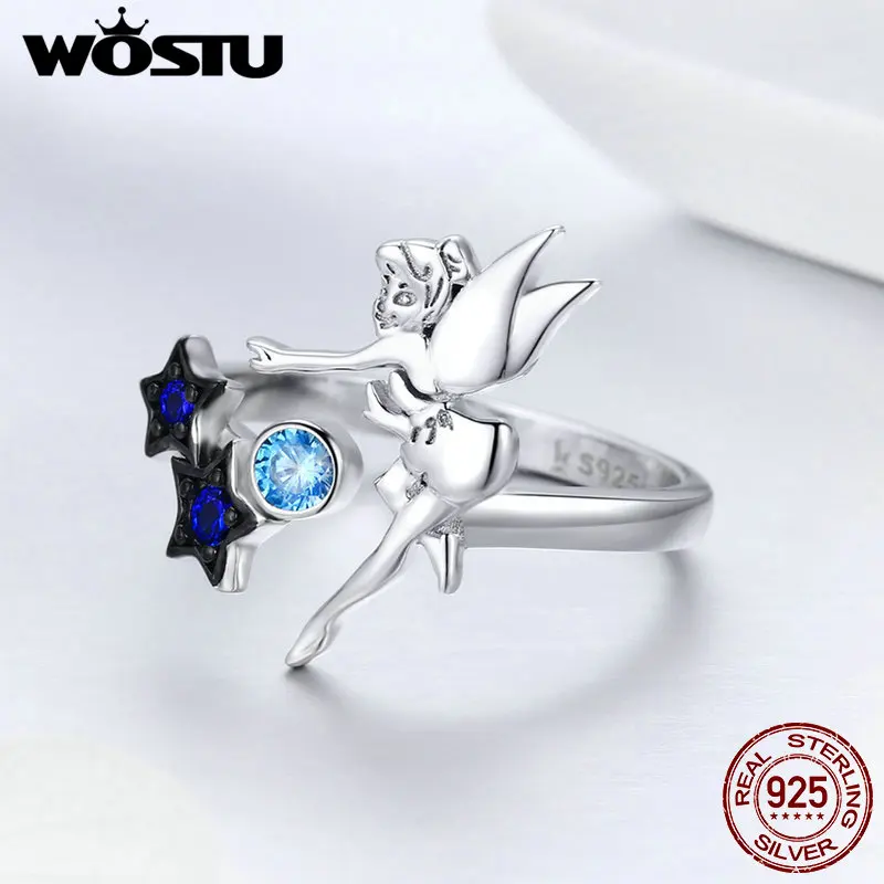 WOSTU 925 пробы Серебряная Фея и звезды кольцо Голубой цирконий регулируемые