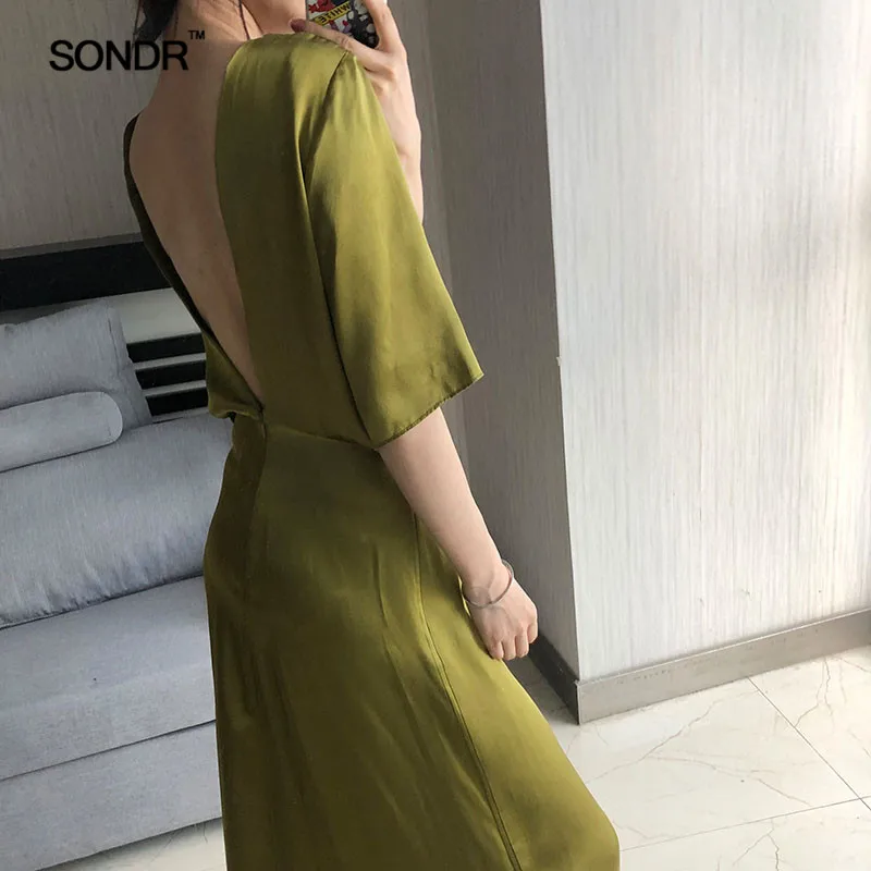 

SONDR Advanced feeling show back high waist pure color silk dress woman scheming sexy mulberry silk satin simple dress
