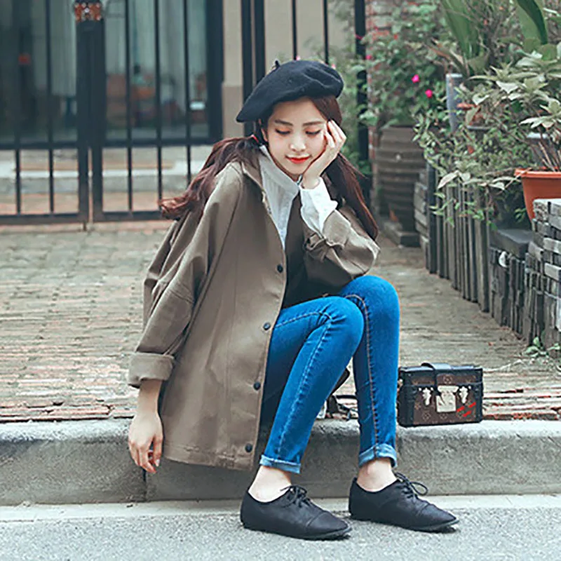

ROPALIA Autumn Long Sleeves Solid Jackets Women Loose Single-Breasted Coat Jacket Harajuku Fashion Long Windbreaker Split Coats