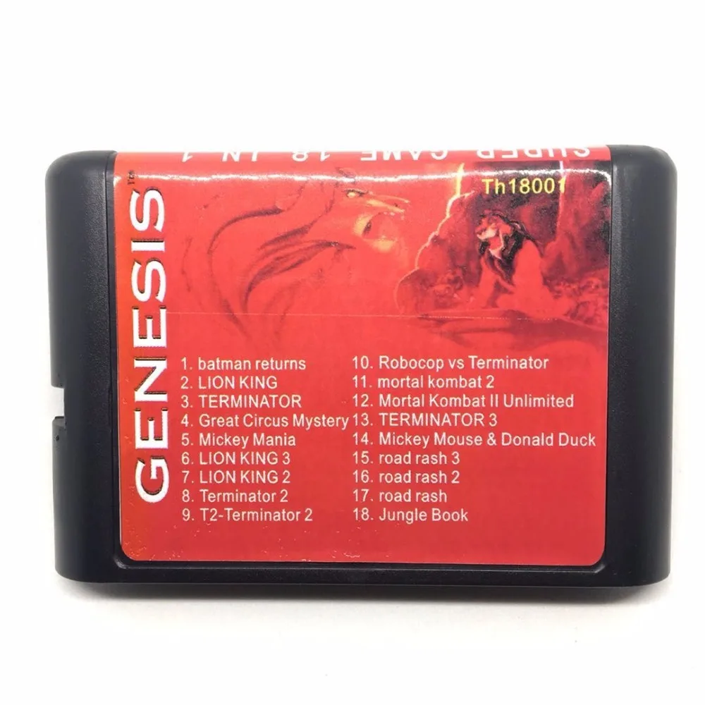Игровой картридж MD 18 в 1 с Lion King 1/2/3 Mortal Kombat 2 Terminater 1/2 Road Rash 123 SEGA GENESIS MegaDrive 16 битная