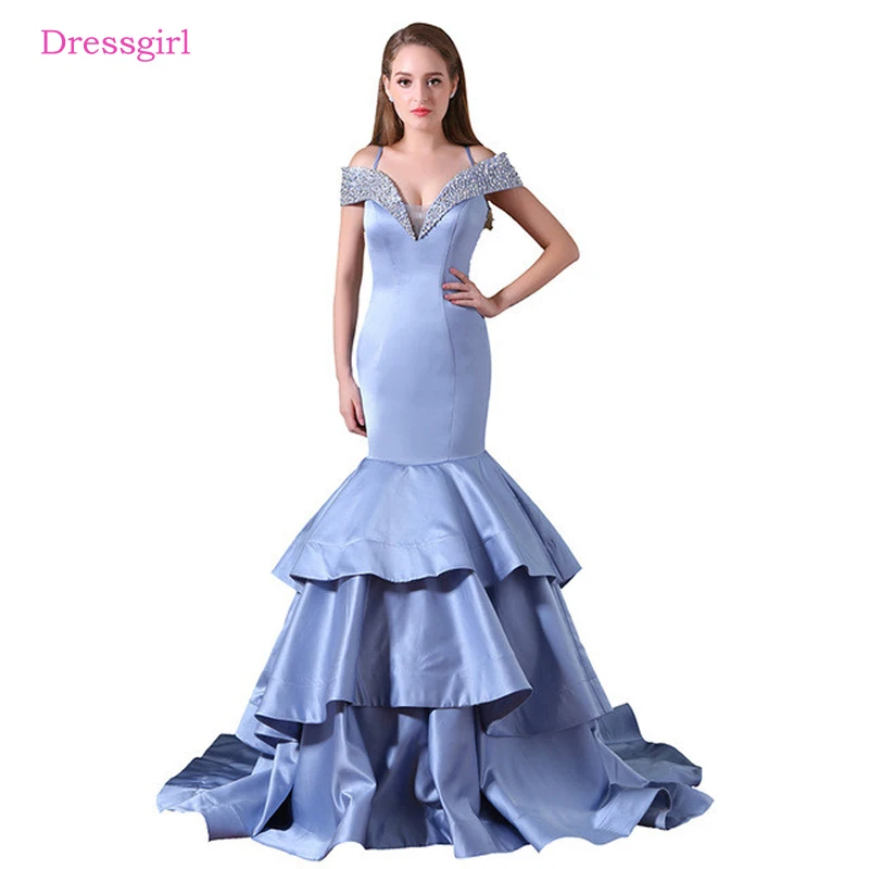 

Blue Prom Dresses Mermaid V-neck See Through Beaded Elegant Long Women Prom Gown Evening Dresses Robe De Soiree