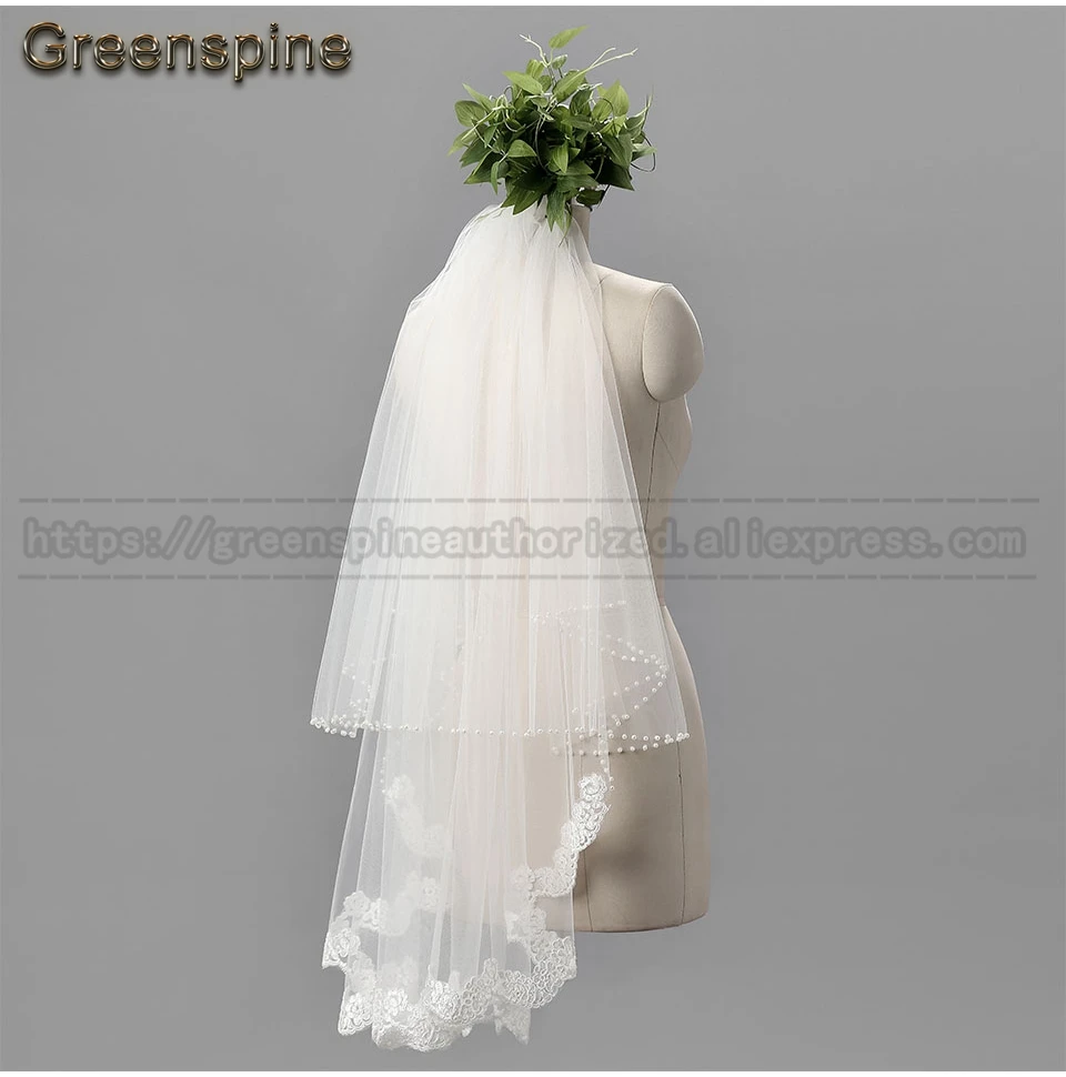 Greenspine Лидер продаж 90 см длина Романтический недорогой Свадебный вуали двухслойный белый белоснежные свадебные вуали кружева вуали с каймой Бисероплетение вуаль