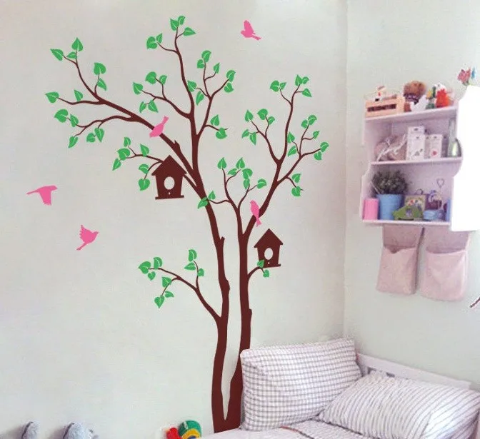 

Warm Designed Nursery Tree Pattern Wall Decal With Birds And Bird House Silhouette Sweet Cute Wall Sticker Vinyl Mural Wm-581