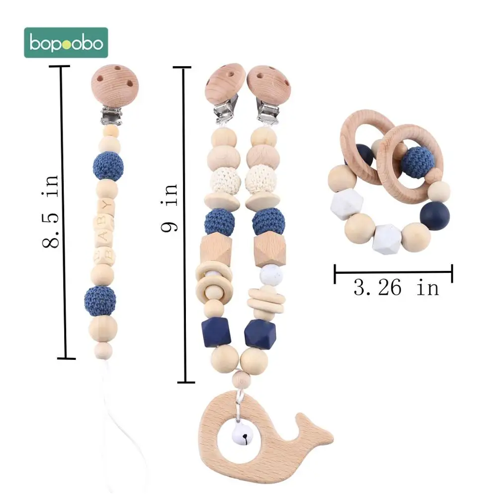 Blue Set Bopoobo, 3 шт., детский деревянный прорезыватель, животные, погремушка, жевательные силиконовые бусины, для игры в спортзал, коляска, игрушка для кормления, подвеска, подвески, прорезывание зубов - Цвет: Blue Set