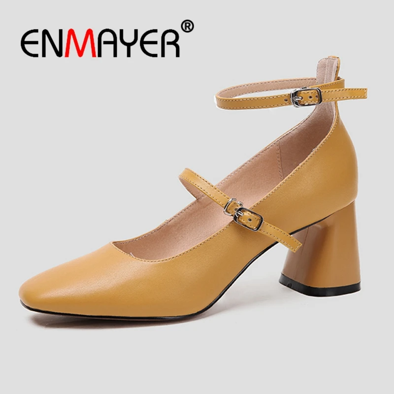 

ENMAYER Genuine Leather Square Toe Casual Buckle Strap Women Shoes High Heel Shoes Woman Sexy Heels Size 34-40 ZYL2656