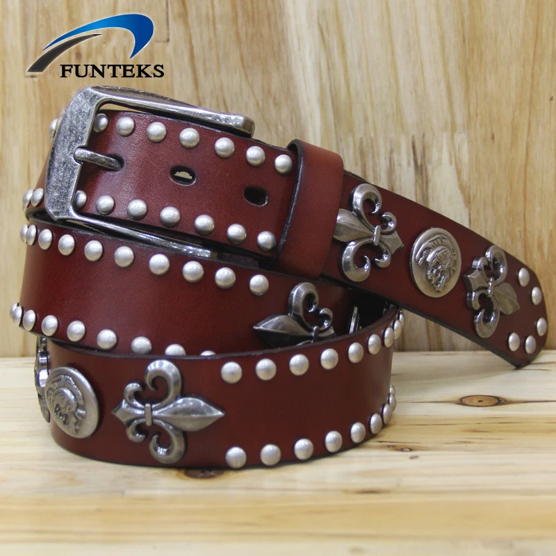 FUNTEKS 2017 унисекс из натуральной кожи Ремни Для мужчин Сплав пряжкой заклепки