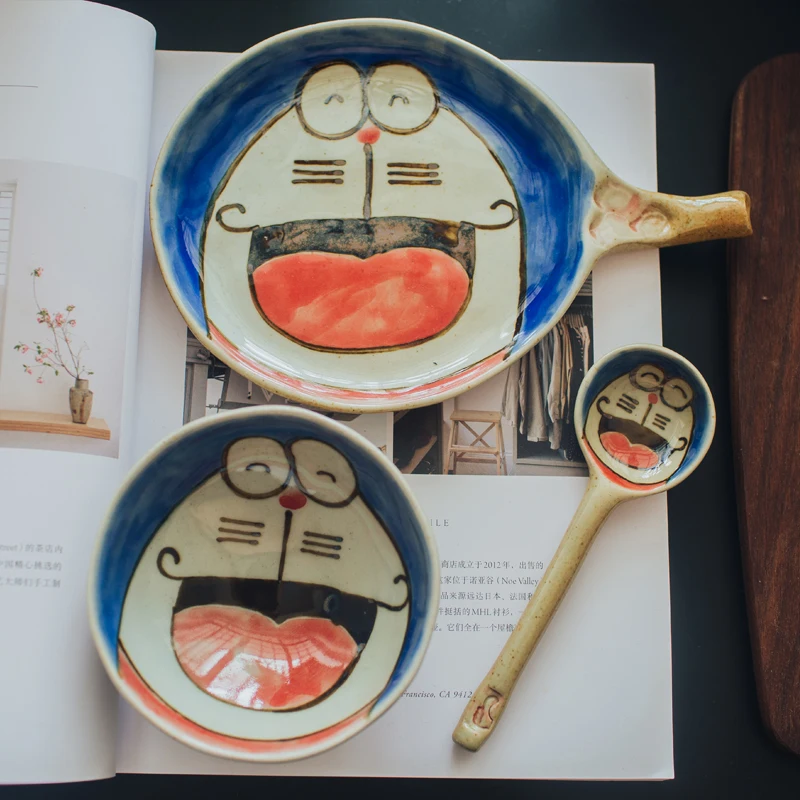 Doraemon ручная керамика с орнаментом рисовая кухонная миска набор милое японское мультяшное блюдо ложка кружка посуда и тарелки наборы подарок