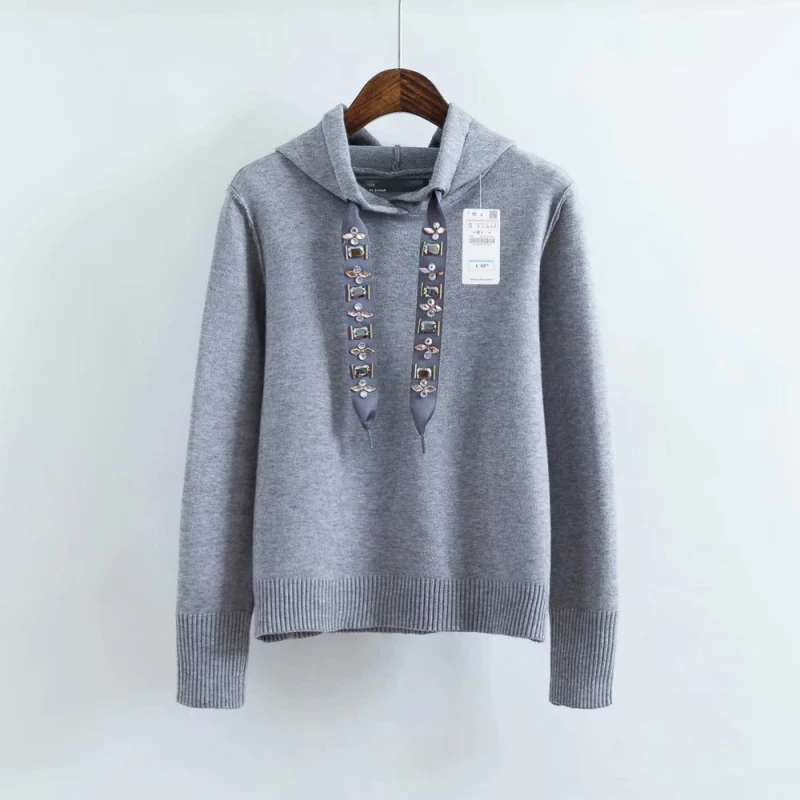 Elegant Female Knitted Beading Sweaters for Womens Jewelry Decoration Hooded Pullovers Women Winter Knitwear Girls Chic Clothes | Женская
