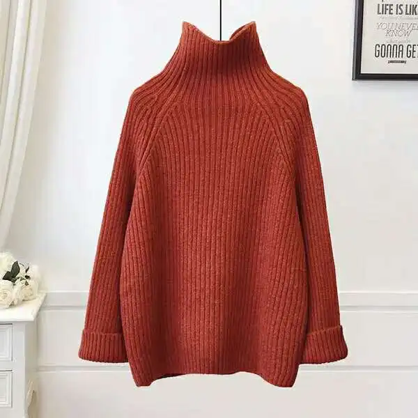 Pull Femme,, зима, осень, негабаритный, водолазка, вязаный кашемировый свитер, для женщин, рукав-фонарик, базовый, уплотненный, пуловеры