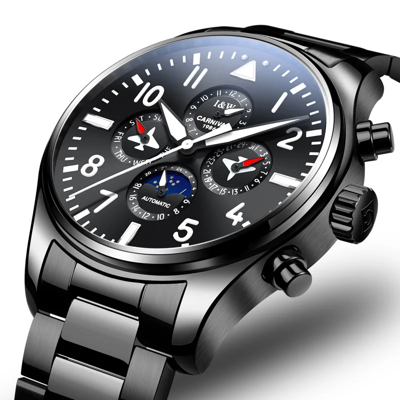 Карнавал Piolt автоматические механические мужские часы Topbrand Роскошные Montre светящиеся водонепроницаемые спортивные модные relogio masculino - Цвет: Black Steel Black