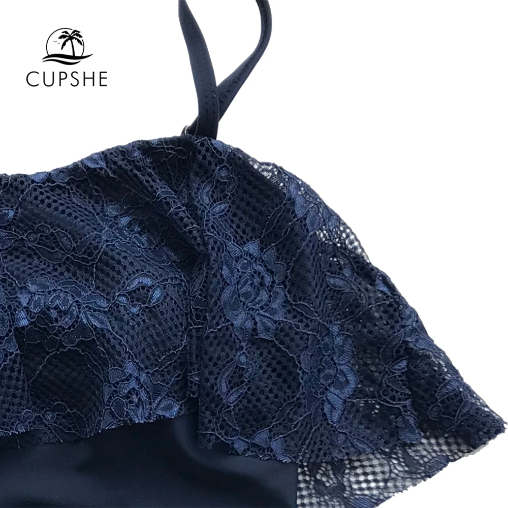 Женский слитный купальник CUPSHE темно синий кружевной с оборками и регулируемыми