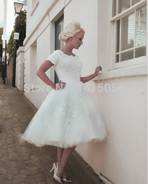 2 Wholesale Free Shipping Fashion Jewel Neck Applique Bridal Gowns Short Sleeve Tea Length Tulle Ball Gown Wedding Dress | Свадьбы и