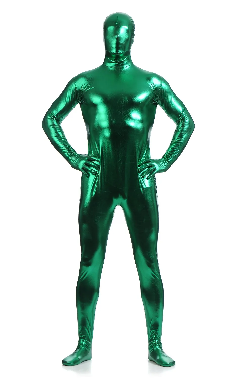 Мужской костюм Zentai Fullbody Блестящий металлический облегающий зентай на Хэллоуин