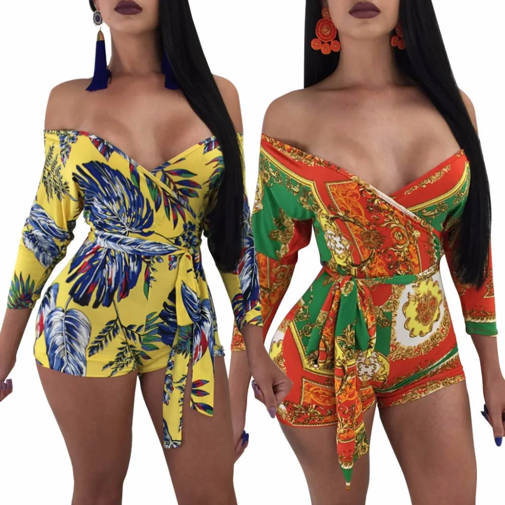 Для женщин короткие комбинезоны Цветочный принт Bodycon комбинезон клуб вечерние отпуск короткий рукав комбинезон Sexy v-образным вырезом бинты Комбинезоны