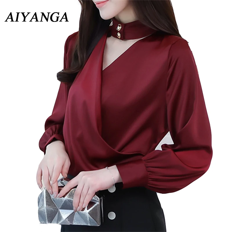 Блузка Женская Офисная однотонная с длинным рукавом и V образным вырезом весна