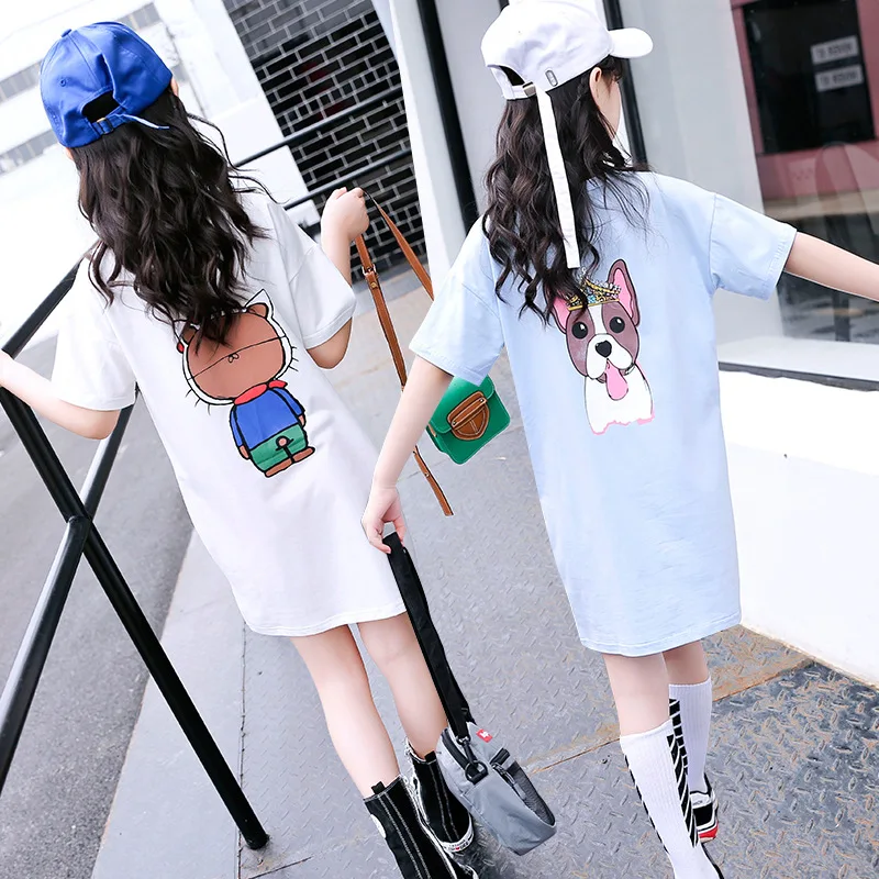 

kids Girl shirt dress 2018 summer children loose printing cartoon short sleeve baby girl dress 4-14 T teens children's clothing