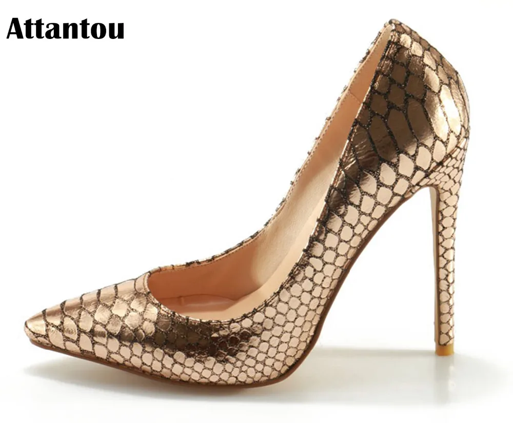 

Attantou 2017 Woman High Heels Pumps Stiletto Thin Heel Women's Shoes Pointed Toe Snake Skin High Heels Wedding Shoes size 35-42