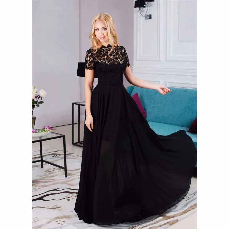 Сексуальное женское платье с коротким рукавом Черное вечернее бальное кружевное