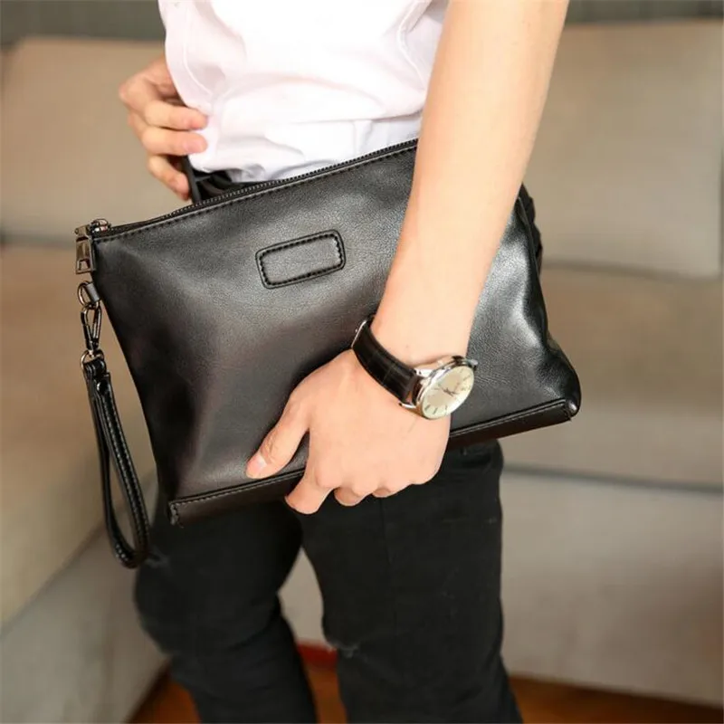 

New Style Mens' PU Leather Male Zipper Clutch Purse Casual Clutch With Strap For Men Vintage Business Envelope Bag Black