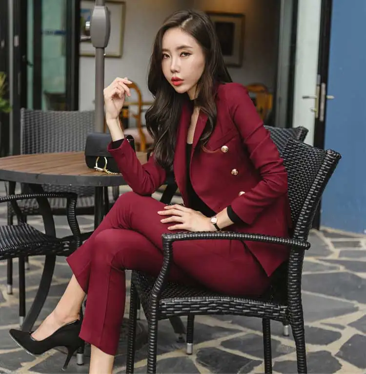 Wine Red Новинка, цвета красного вина, облегающий стиль, женские брючные костюмы, приталенный Блейзер на пуговицах, пиджак, узкие брюки, OL, Женский комплект из 2 предметов, весна, S95521Z - Цвет: Wine Red