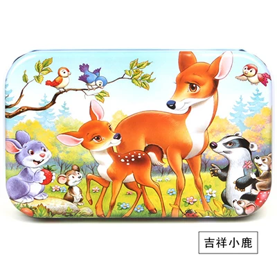 Fawn Premium Size 22.5* 13cm Wooden Large 60 Piece Iron Box Cartoon Animal Baby Puzzle Child Wooden Educational Toy Girl Boy - Цвет: Fawn