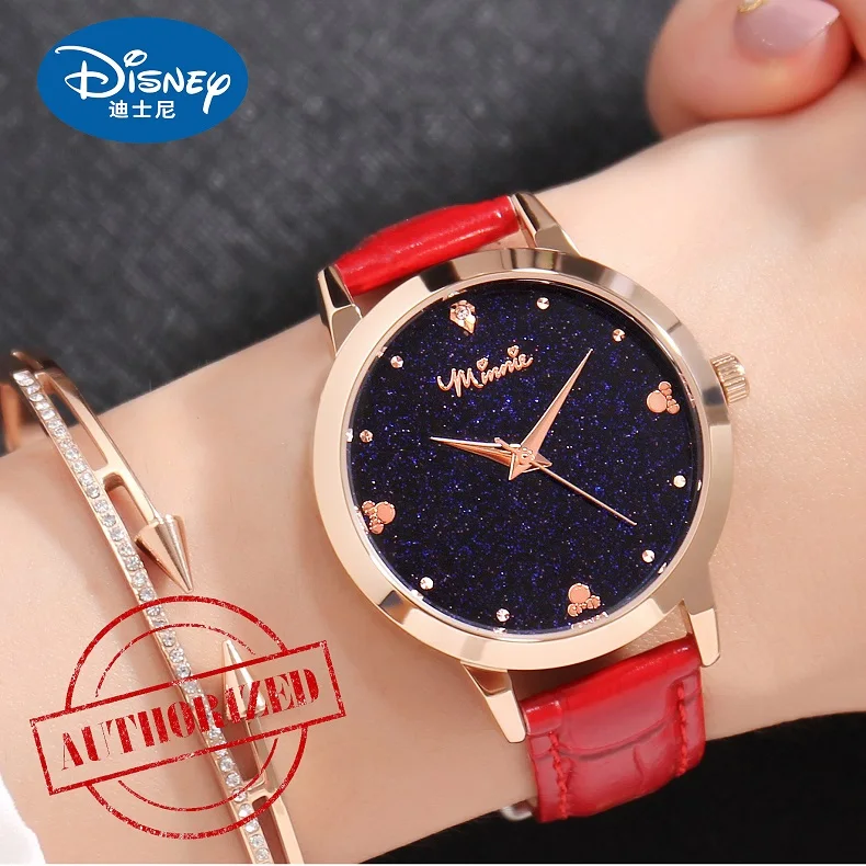 Disney Minnie звездное небо красивые девушки Роскошные хрустальные звезды из натуральной кожи кварцевые часы женские модные повседневные красивые часы