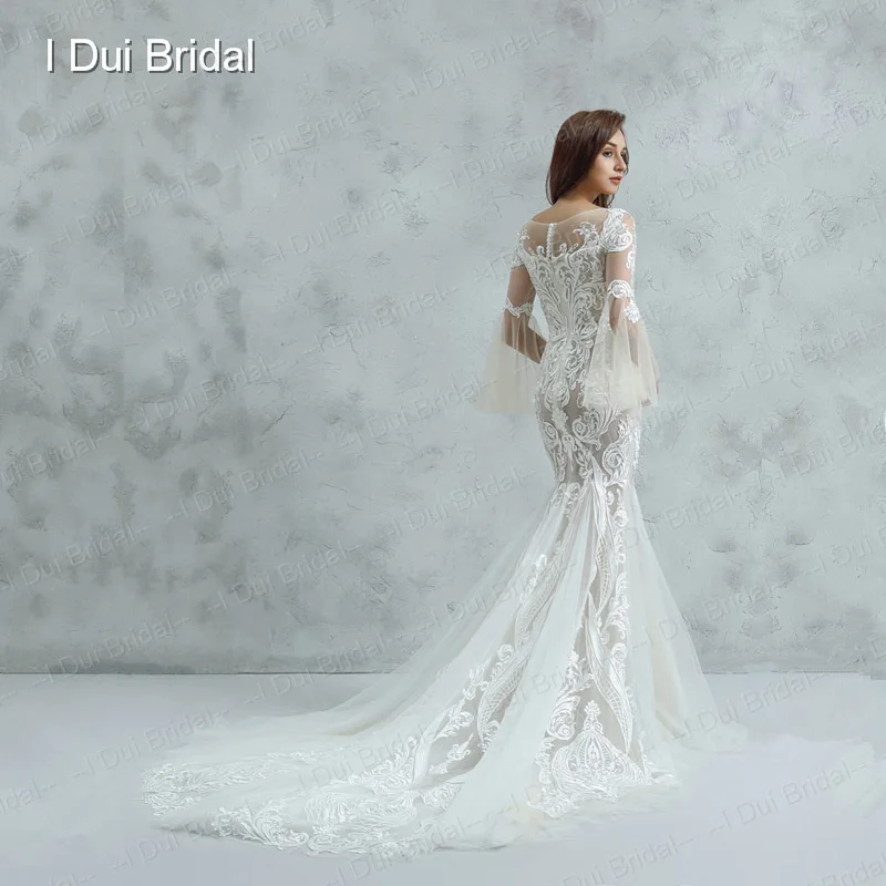 Lace Mermaid Wedding Dress with Champagne Lining Appliqued Unique Design Flare Sleeve
