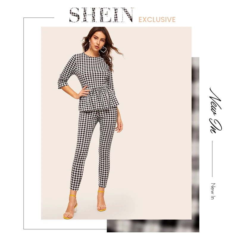 SHEIN Клетчатые Топ И Леггинсы Комплект Женский Элегантный Топ С Средним Рукавом И Оборками И Леггинсы Комплект