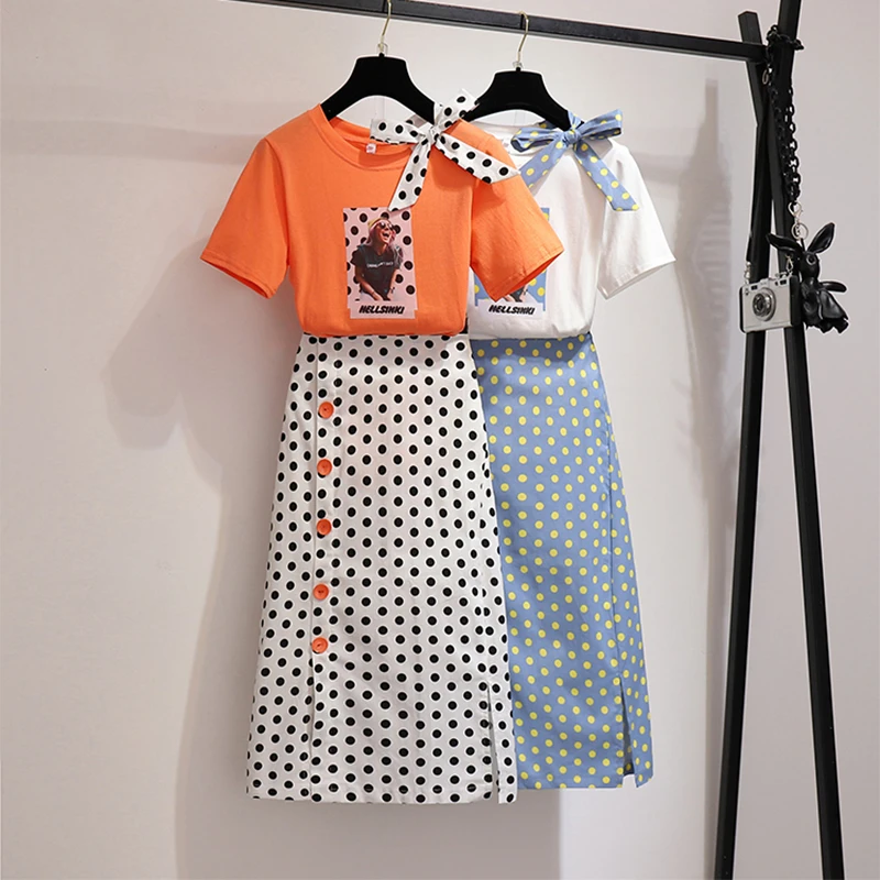 

2019 Summer Women Polka Dot Print 2 Piece Clothing Set Character Pattern Bow Tshirt Top+Button Split Bodycon Mid Calf Skirt Suit