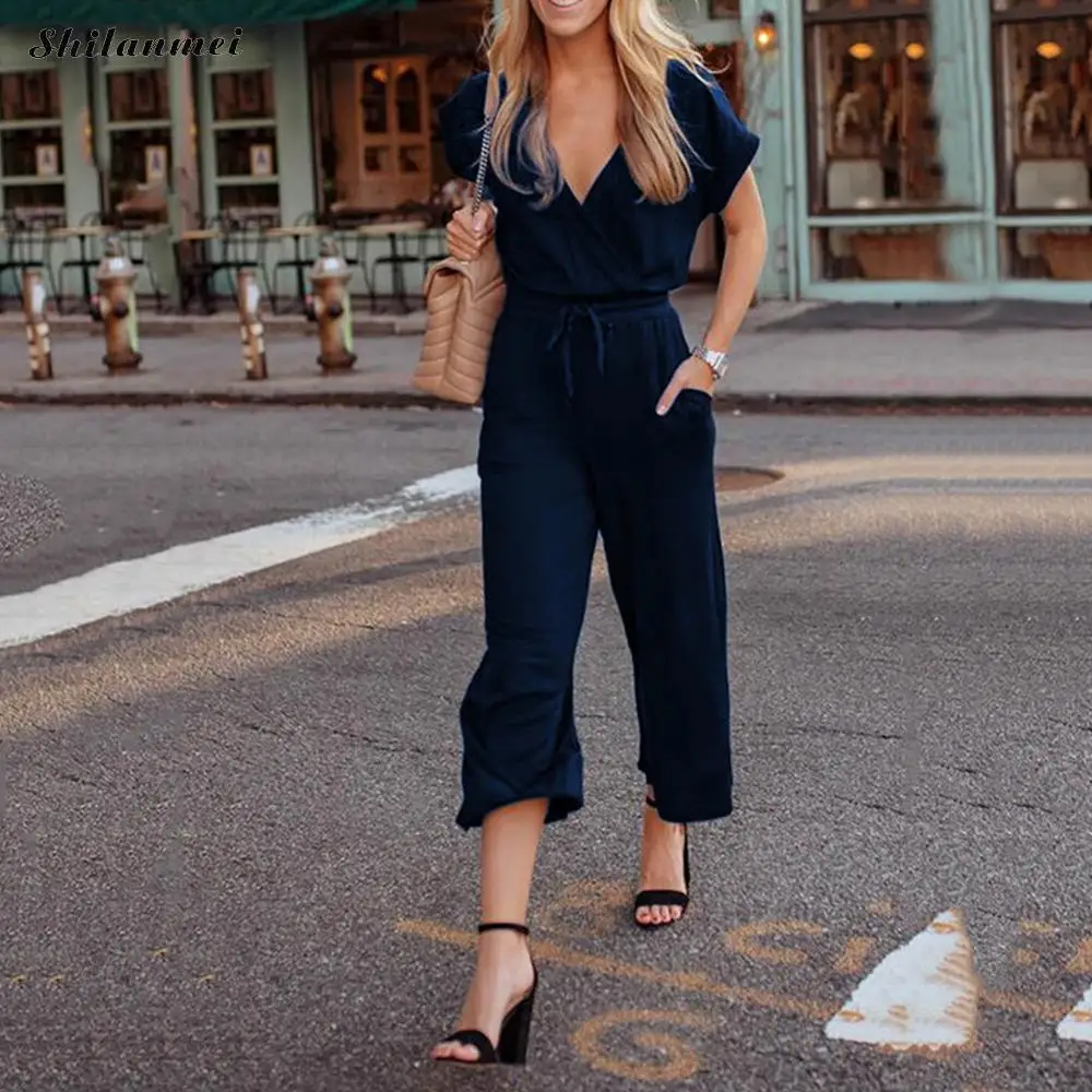 

Loose Jumpsuit Women Fashion Short Sleeve Casual Romper Elegant Suits Summer Clothes Women Suspender Long Pants with Belt Casual