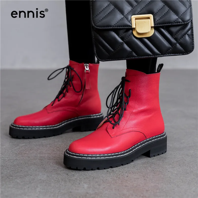 ENNIS/; дизайнерские женские ботинки на платформе; ботинки из натуральной кожи на шнуровке; сезон осень-зима; черные готические сапоги; обувь на плоской подошве; Цвет Красный; Новинка; A999