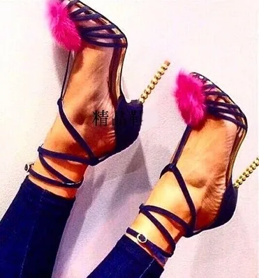 

Real Photo Women Suede Hollow Out Sandals Red Feather Embellished T-Strap Shoes Summer Ankle Buckle Strap Strange Metal Heels