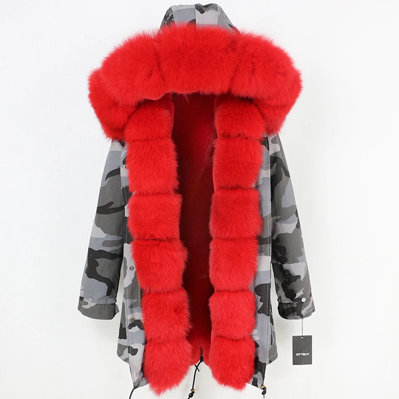 OFTBUY длинная парка с воротником из натурального Лисьего меха, пальто из натурального меха, зимняя женская куртка, Толстая теплая брендовая Роскошная Съемная уличная одежда - Цвет: grey camo red