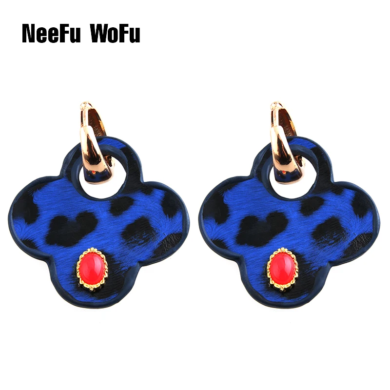 Женские большие серьги NeeFu WoFu длинные из клевера и кожи с камнями для