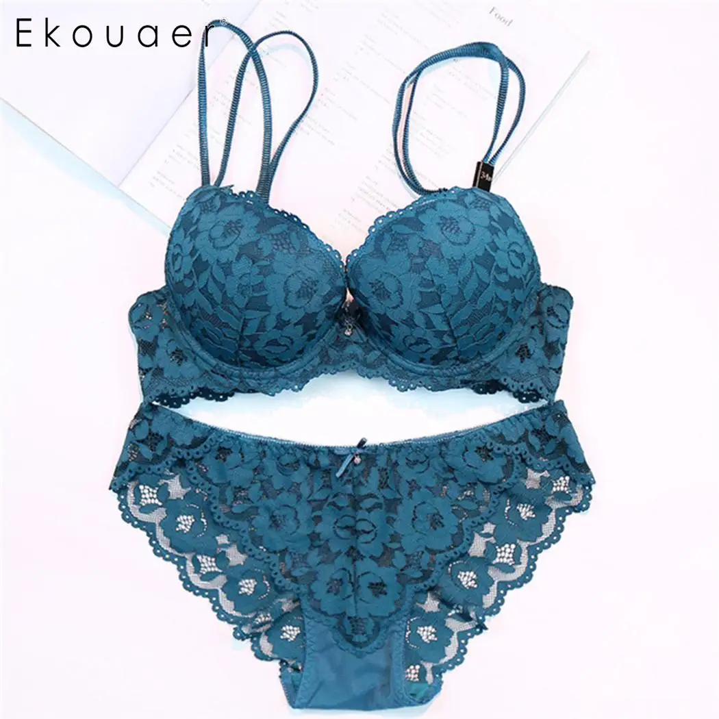 Blue Ekouaer, сексуальный комплект с бюстгальтером, пуш-ап, комплект нижнего белья для женщин, кружевной, Цветочный, на косточках, с застежкой сзади, бюстгальтер, трусики, комплект с бюстгальтером, костюмы - Цвет: Blue