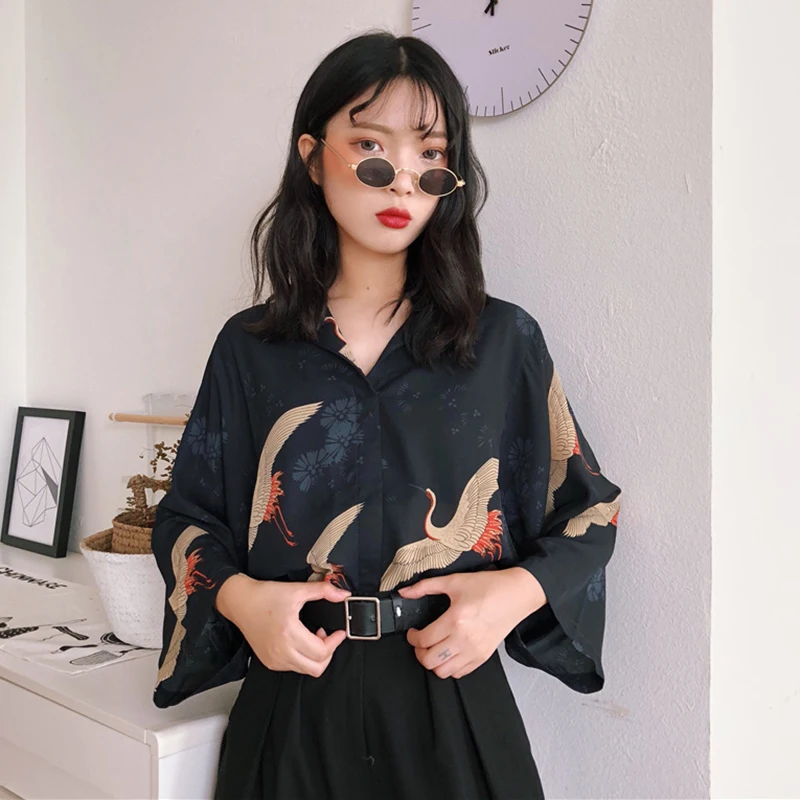 Женские рубашки Kawaii Ulzzang Ins шикарная ретро свободная тонкая рубашка с V образным