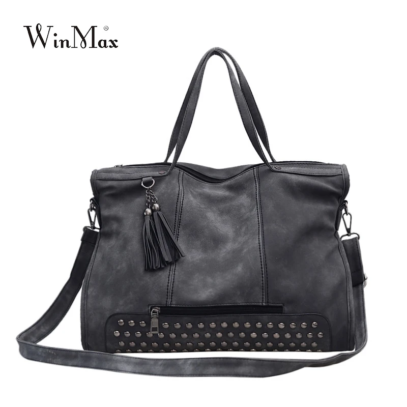 

Winmax Vintage Rivet women's Leather messenger bag large women Fashion Tassel handbags& shoulder bags big tote ladies sac femme
