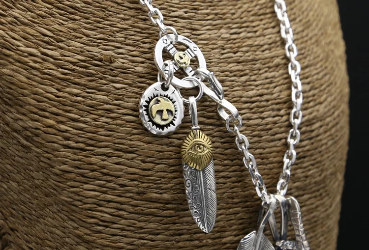 56.9g Solid 925 Sterling Silver Long Necklace Men Vintage Indian Style Gold Eye &amp Claw Feather Charms Designer Jewelry Gifts | Украшения